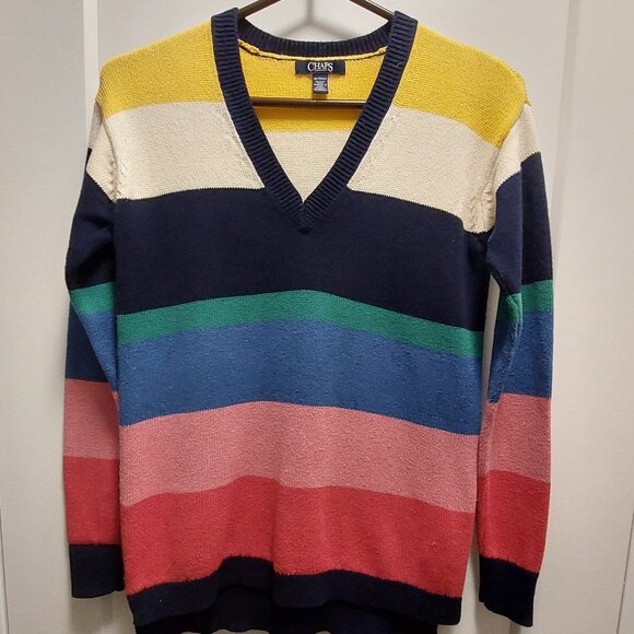 CHAPS Women's V-Neckline Long Sleeves Multi-Stripes Sweater - Size XS/TP - Picture 2 of 11